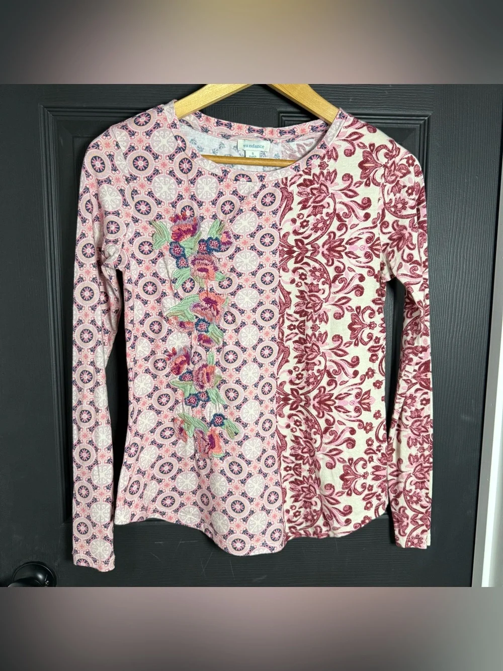 Sundance Long Sleeve Floral Patchwork Tee in Pink, Burgundy, Green